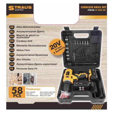 Értékcsökkent - Straus akkus fúrógép szett 2 db 20V-os Li-ion akksival + 58 db kiegészítővel ST/CD20-58L