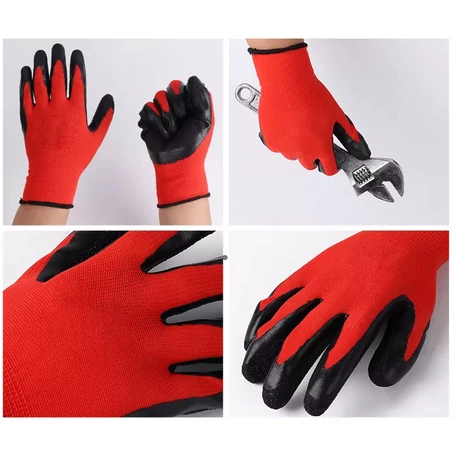 12 pár univerzális szerelőkesztyű, védőkesztyű, mártott tenyérrel, 10-es méret, piros