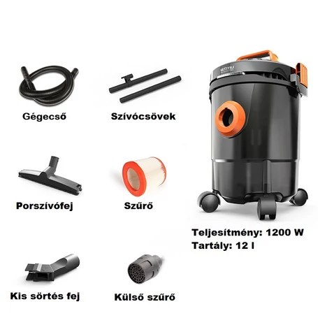 Értékcsökkent - Száraz-nedves ipari porszívó két szívófejjel 1200W, 12 l-es tartály + HEPA szűrő