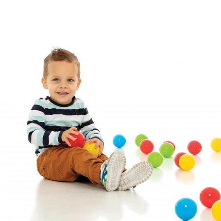 Műanyag labdák vidám színekben, játszósátorba, járókába, 6,5 cm-es, 100 db-os szett hálóban