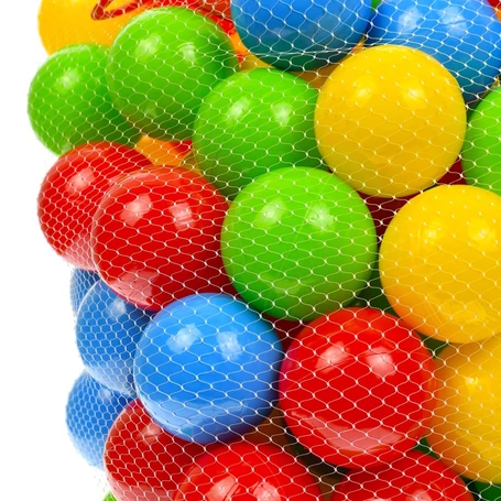 Műanyag labdák vidám színekben, játszósátorba, járókába, 6,5 cm-es, 100 db-os szett hálóban
