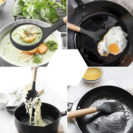 12 részes szilikon konyhai eszközkészlet, fa nyéllel, tárolóval, fekete színben