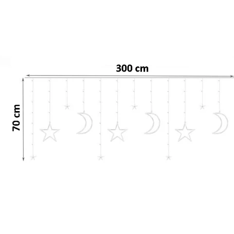 138 ledes 8 programos ledes fényfüggöny karácsonyi, csillag és hold figurákkal, 3 méter - hidegfehér