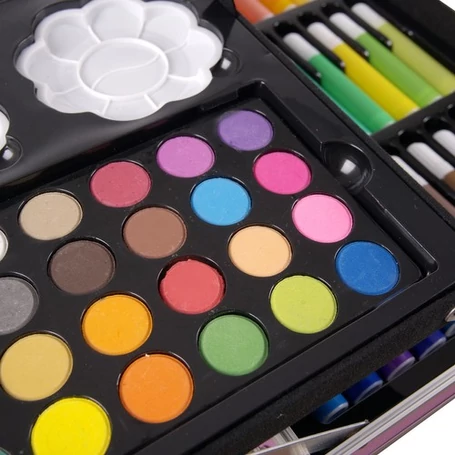 145 részes rajz és festőkészlet gyerekeknek, 4 rekeszes, unikornis mintás fém bőröndben