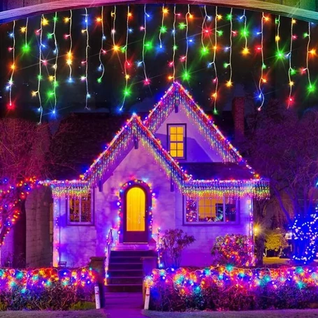 25 méteres, 500 LED-es, karácsonyi jégcsap izzósor, sziporkázó fényfüzér, színes és hidegfehér fénnyel