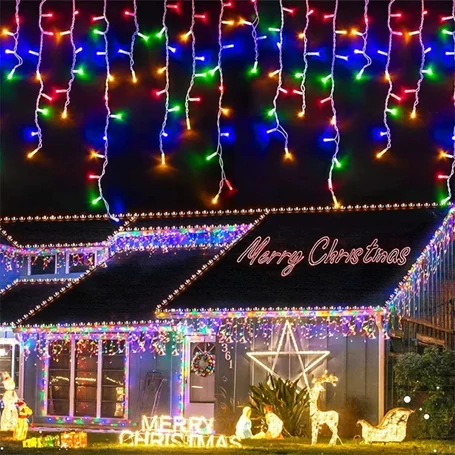 25 méteres, 500 LED-es, karácsonyi jégcsap izzósor, sziporkázó fényfüzér, színes és hidegfehér fénnyel