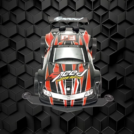 Négy csatornás, rádiótávirányítós modell rallyautó, 1:16 arány, akkumulátoros, fényhatással, piros színben