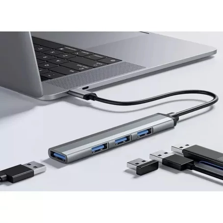 USB elosztó, 1 db 3.0 és 3 db 2.0 csatlakozóval, alumínium ház, szürke színben