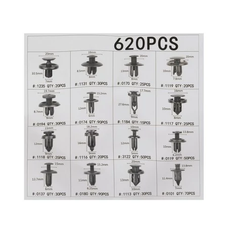 Univerzális, 620 részes autókárpit patent szett, rögzítőkapocs-készlet szerszámokkal, tárolódobozzal