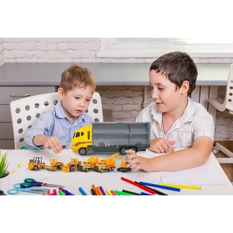 Munkagépszállító játékkamion átlátszó oldalfallal, kilövővel, 6 db munkagéppel