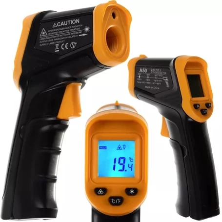 Érintésmentes infrás pirométer, hőmérő LCD kijelzővel, -50-500°C mérési tartománnyal, elemes, fekete