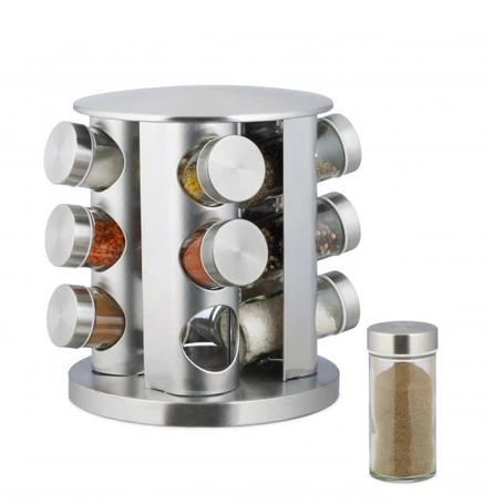 12 részes üveg fűszertartó készlet forgatható inox fém állvánnyal, kerek