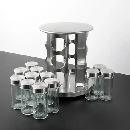 12 részes üveg fűszertartó készlet forgatható inox fém állvánnyal, kerek