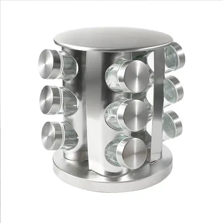 12 részes üveg fűszertartó készlet forgatható inox fém állvánnyal, kerek