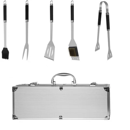 5 db-os grill eszközkészlet strapabíró fém kofferben, barbecue szett, 37x14x7 cm méretben