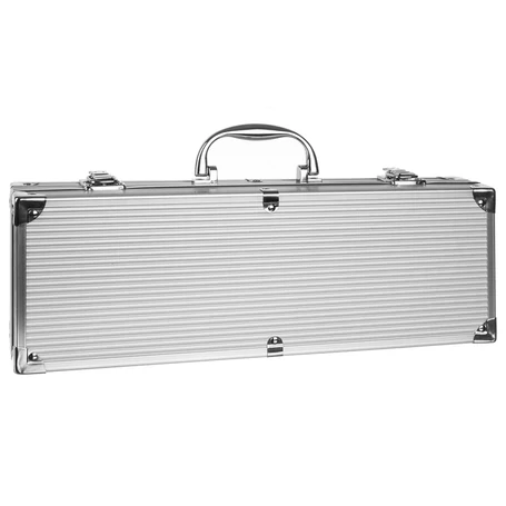 5 db-os grill eszközkészlet strapabíró fém kofferben, barbecue szett, 37x14x7 cm méretben