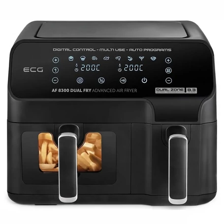 XXL Dupla kamrás forrólevegős sütő, 8,3L digitális air fryer, 2700W, átlátszó ablak, 8 program