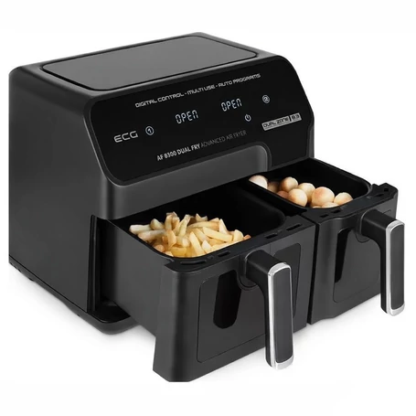 XXL Dupla kamrás forrólevegős sütő, 8,3L digitális air fryer, 2700W, átlátszó ablak, 8 program