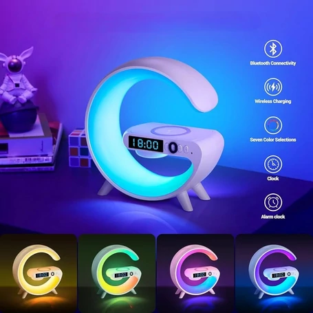 Vezeték nélküli töltő 5 az 1-ben, Bluetooth hangszóró, RGB éjjeli lámpa, dupla ébresztőóra, mobilapp vezérlés
