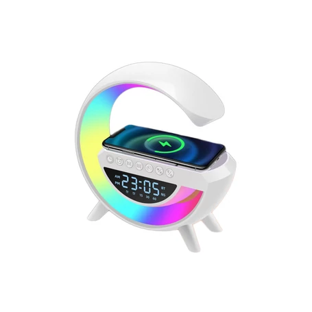 Vezeték nélküli töltő 5 az 1-ben, Bluetooth hangszóró, RGB éjjeli lámpa, dupla ébresztőóra, mobilapp vezérlés