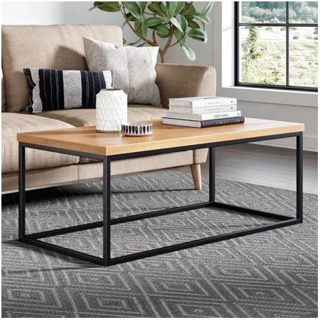 Elite Home® Elegáns, minimalista stílusú fekete fémvázas dohányzóasztal, tölgy színű asztallappal