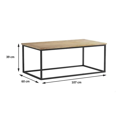 Elite Home® Elegáns, minimalista stílusú fekete fémvázas dohányzóasztal, tölgy színű asztallappal