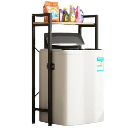 Elite Home® masszív fém fürdőszobai polc felültöltős mosógép fölé fa polccal, fekete - 120 cm