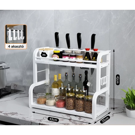 Elite Home® kétszintes konyhai rendszerező polc, akasztóval, késtartóval