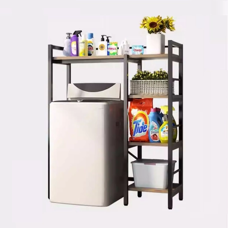 Elite Home® 4 szintes, masszív fém fürdőszobai polc felültöltős mosógép fölé fa polcokkal, fekete - 134 cm