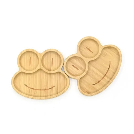 Elite Home® béka formájú bambusz tányér tapadókorongos talppal, gyermek étkezőkészlet szilikon fejű kanállal és villával, 3 db-os szett