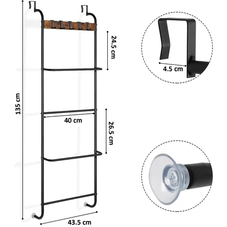 Elite Home® 5 szintes, ajtóra akasztható fém fürdőszobai polc, törölközőtartó 5 db akasztóval