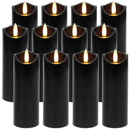 Fekete 12 darabos LED gyertya készlet valósághű lánggal beltéri és kültéri dekorációhoz