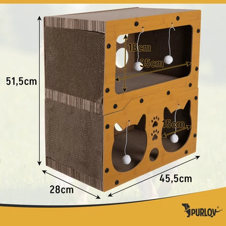 Emeletes macskabútor és kaparófa 3 bújóval, játékokkal, stabil és csúszásmentes, extra erős hullámkartonból és farostlemezből, 51,5x45x28 cm, barna