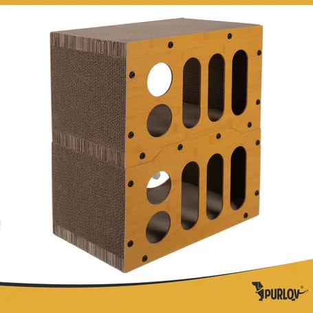 Emeletes macskabútor és kaparófa 3 bújóval, játékokkal, stabil és csúszásmentes, extra erős hullámkartonból és farostlemezből, 51,5x45x28 cm, barna