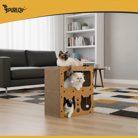Emeletes macskabútor és kaparófa 3 bújóval, játékokkal, stabil és csúszásmentes, extra erős hullámkartonból és farostlemezből, 51,5x45x28 cm, barna