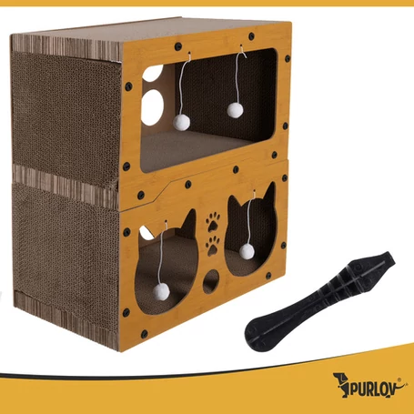 Emeletes macskabútor és kaparófa 3 bújóval, játékokkal, stabil és csúszásmentes, extra erős hullámkartonból és farostlemezből, 51,5x45x28 cm, barna