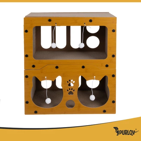 Emeletes macskabútor és kaparófa 3 bújóval, játékokkal, stabil és csúszásmentes, extra erős hullámkartonból és farostlemezből, 51,5x45x28 cm, barna