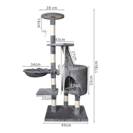 Macskafa, kaparófa, 5 szintes mászóka cicáknak szürke színben, 118 cm