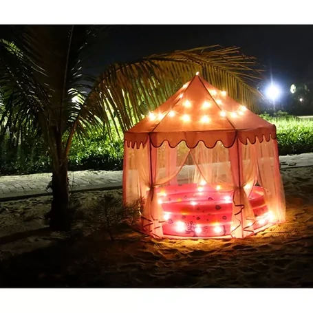 Játéksátor gyerekeknek bel- és kültérre, hatszögletű, kastély témával, összecsukható, 135x135x140 cm, rózsaszín