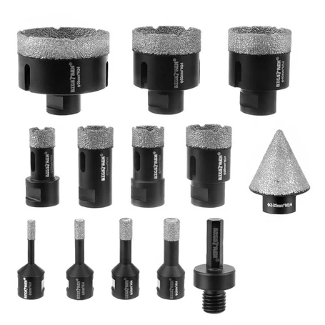 13 részes gyémánt koronafúró készlet, M14 vákuumforrasztott lyukfűrész szett greslaphoz, betonhoz és csempéhez, 6-68 mm, kúpmaró és fúró adapterrel 