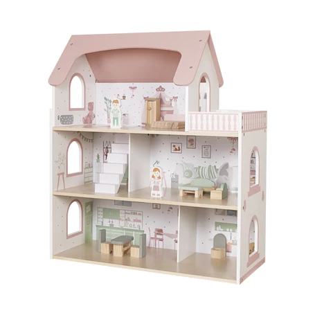 Nagy fa 3 szintes, bútorozott, babaház LED világítással, tartozékokkal, kreatív játék, ajándékötlet