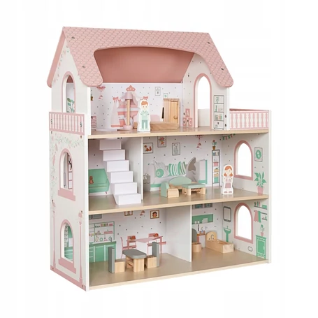 Nagy fa 3 szintes, bútorozott, babaház LED világítással, tartozékokkal, kreatív játék, ajándékötlet