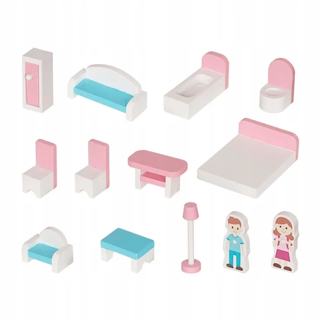 Nagy fa 3 szintes, bútorozott, babaház LED világítással, tartozékokkal, kreatív játék, ajándékötlet