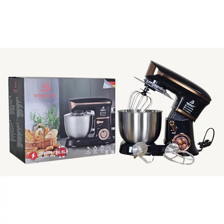 Eisenbach multifunkciós konyhai robotgép, húsdarálóval és turmixgéppel, 6 sebesség fokozattal, 6.5 literes edénnyel, többféle keverőfejjel és spatulával, 2000W fekete