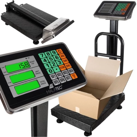 Elektronikus raktári mérleg, árumérleg, beépített akkumulátor, LCD kijelző, masszív fémszerkezet, 150 kg-ig, fekete