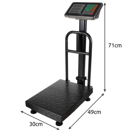 Elektronikus raktári mérleg, árumérleg, beépített akkumulátor, LCD kijelző, masszív fémszerkezet, 150 kg-ig, fekete