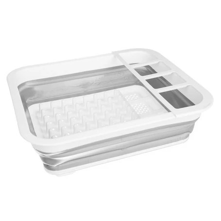 Összecsukható szilikon konyhai edényszárító, belső csepegtetővel, szürke-fehér színben