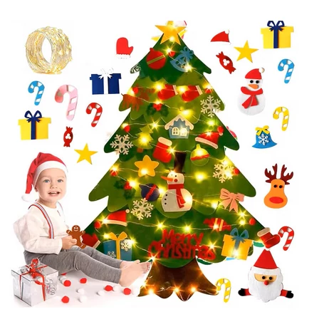 Filc karácsonyfa gyerekeknek LED-fényfüzérrel és 26 díszítőelemmel, puha biztonságos DIY dekoráció kreatív játékhoz