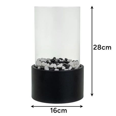 Szabadon álló BIO kandalló otthonra és teraszra, füstmentes, bioetanol bioüzemanyaggal működő, üvegfallal, hőtartó kavicsággyal, 28 x 16 x 16 cm, fekete