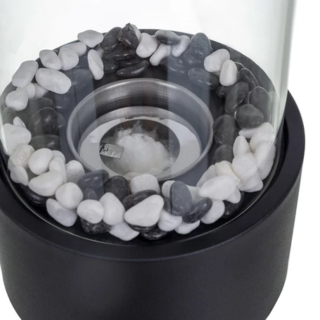 Szabadon álló BIO kandalló otthonra és teraszra, füstmentes, bioetanol bioüzemanyaggal működő, üvegfallal, hőtartó kavicsággyal, 28 x 16 x 16 cm, fekete